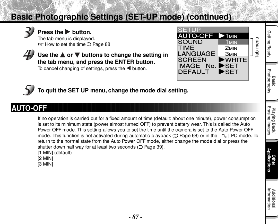 Toshiba PDR-M4 Basic Photographic Settings SET-UP mode, Auto-Off, To quit the SET UP menu, change the mode dial setting 