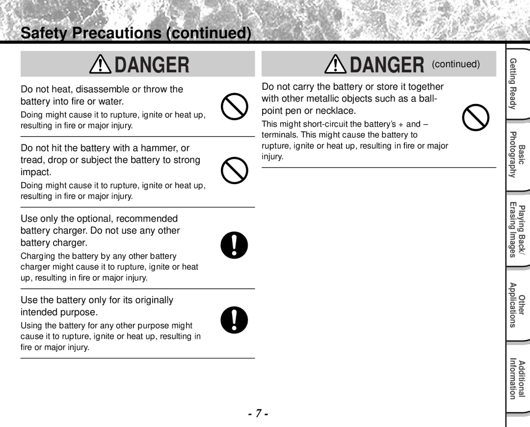 Toshiba PDR-M4 instruction manual Safety Precautions, Use the battery only for its originally intended purpose 