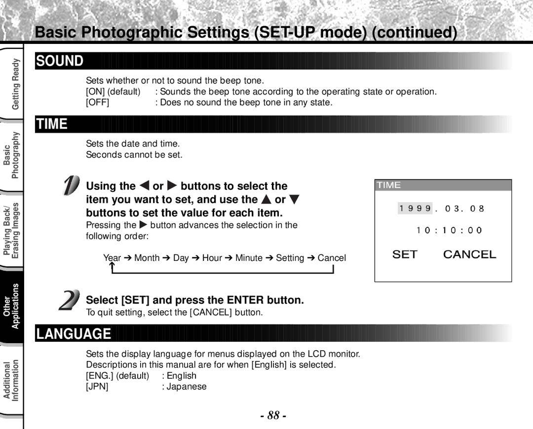 Toshiba PDR-M4 Select SET and press the Enter button, Sets whether or not to sound the beep tone On default 