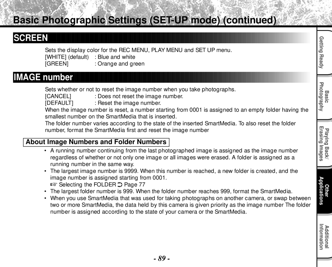 Toshiba PDR-M4 instruction manual Image number, About Image Numbers and Folder Numbers, Reset the image number 