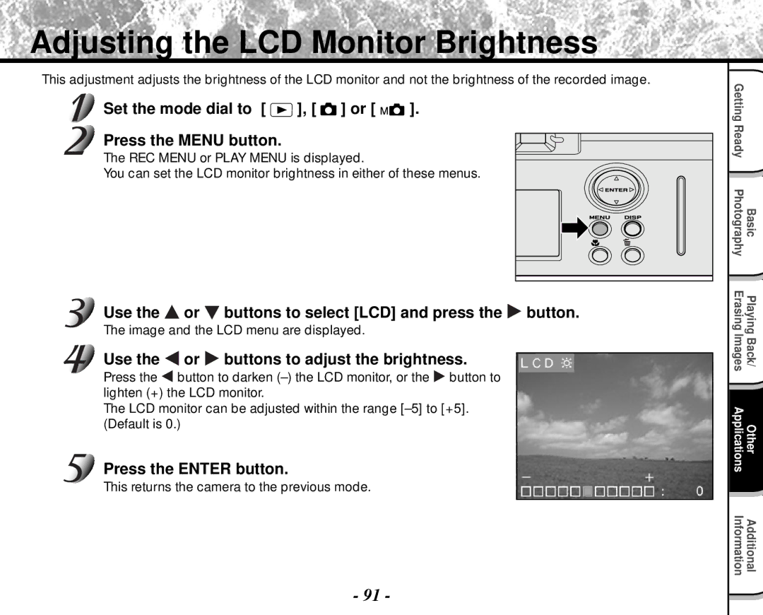 Toshiba PDR-M4 instruction manual Adjusting the LCD Monitor Brightness, Set the mode dial to Press the Menu button 