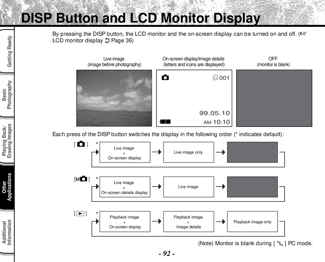 Toshiba PDR-M4 instruction manual Disp Button and LCD Monitor Display 