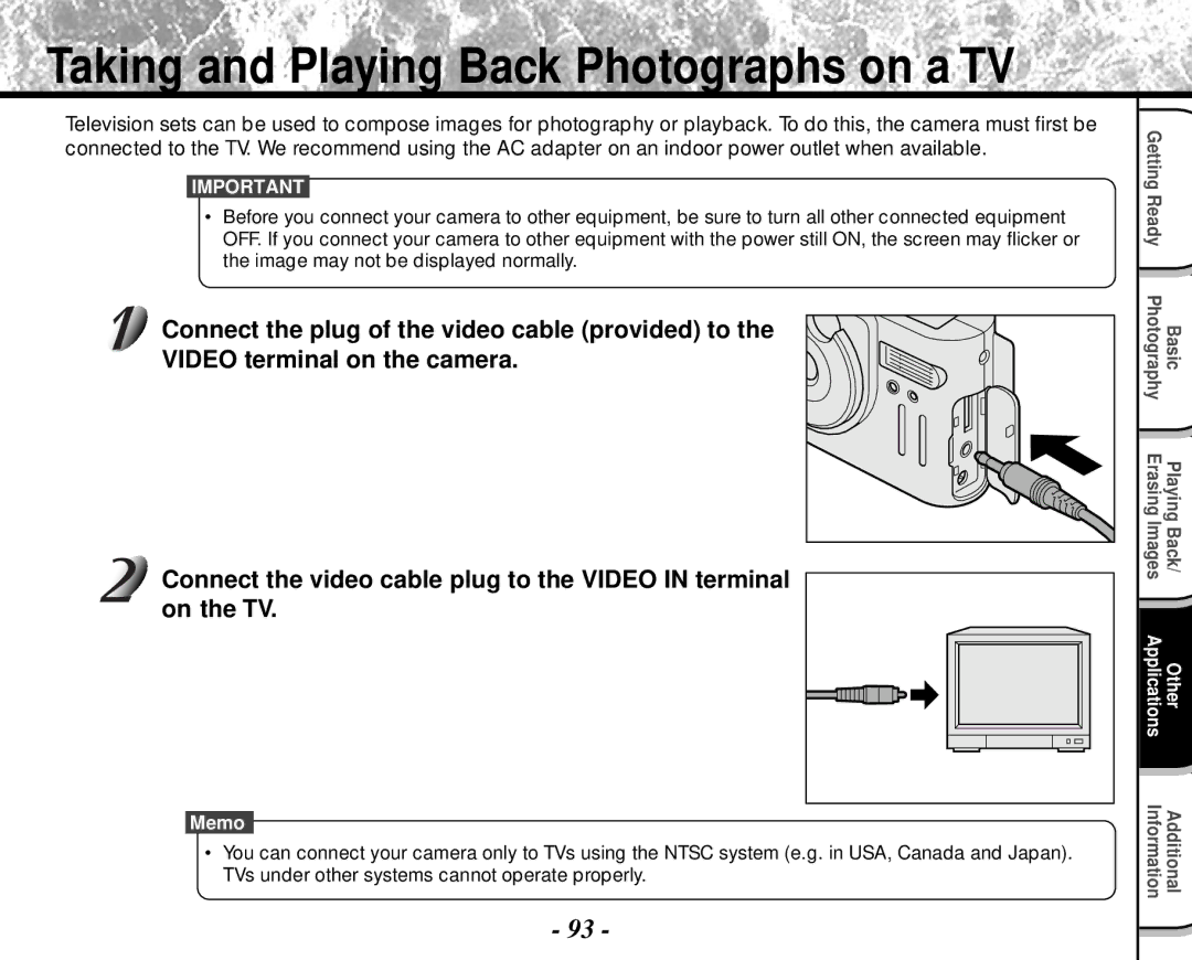 Toshiba PDR-M4 Taking and Playing Back Photographs on a TV, Connect the plug of the video cable provided to, On the TV 