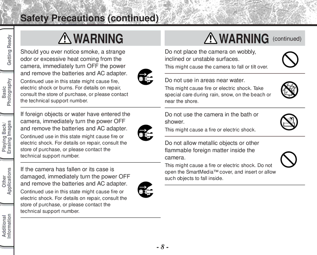 Toshiba PDR-M60 instruction manual Do not use the camera in the bath or shower 