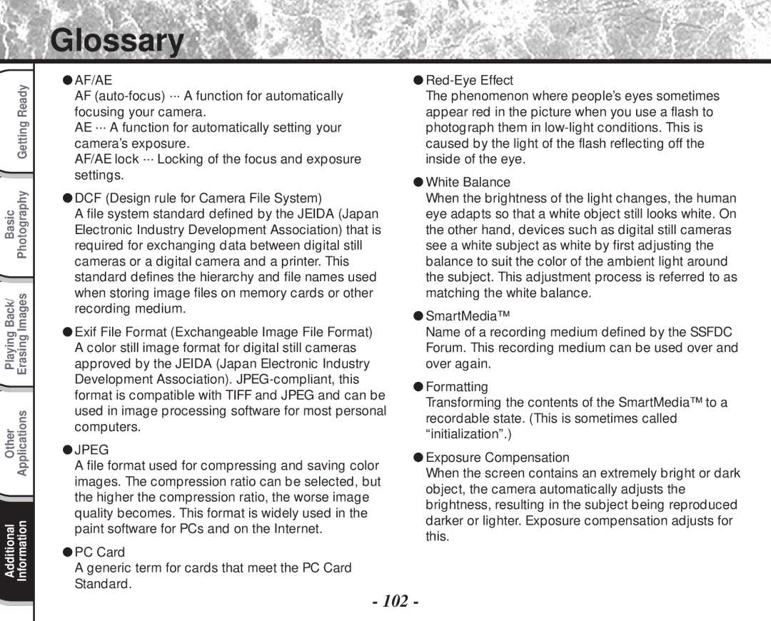 Toshiba PDR-M60 instruction manual Glossary, Af/Ae 