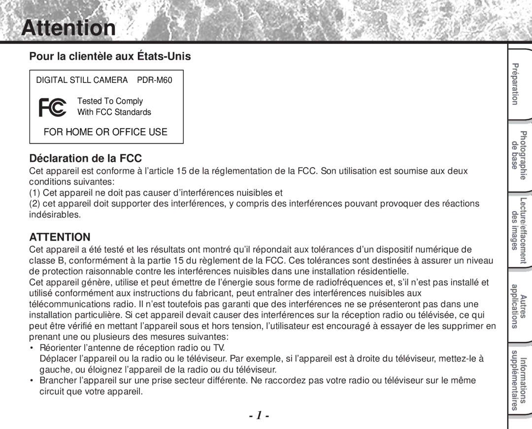 Toshiba PDR-M60 instruction manual Pour la clientèle aux États-Unis, Déclaration de la FCC 