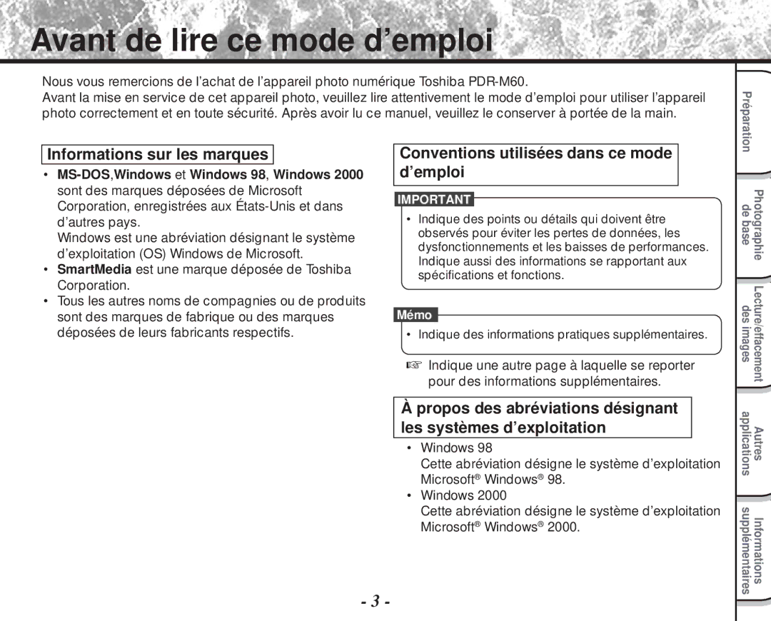 Toshiba PDR-M60 Avant de lire ce mode d’emploi, Informations sur les marques, Conventions utilisées dans ce mode d’emploi 