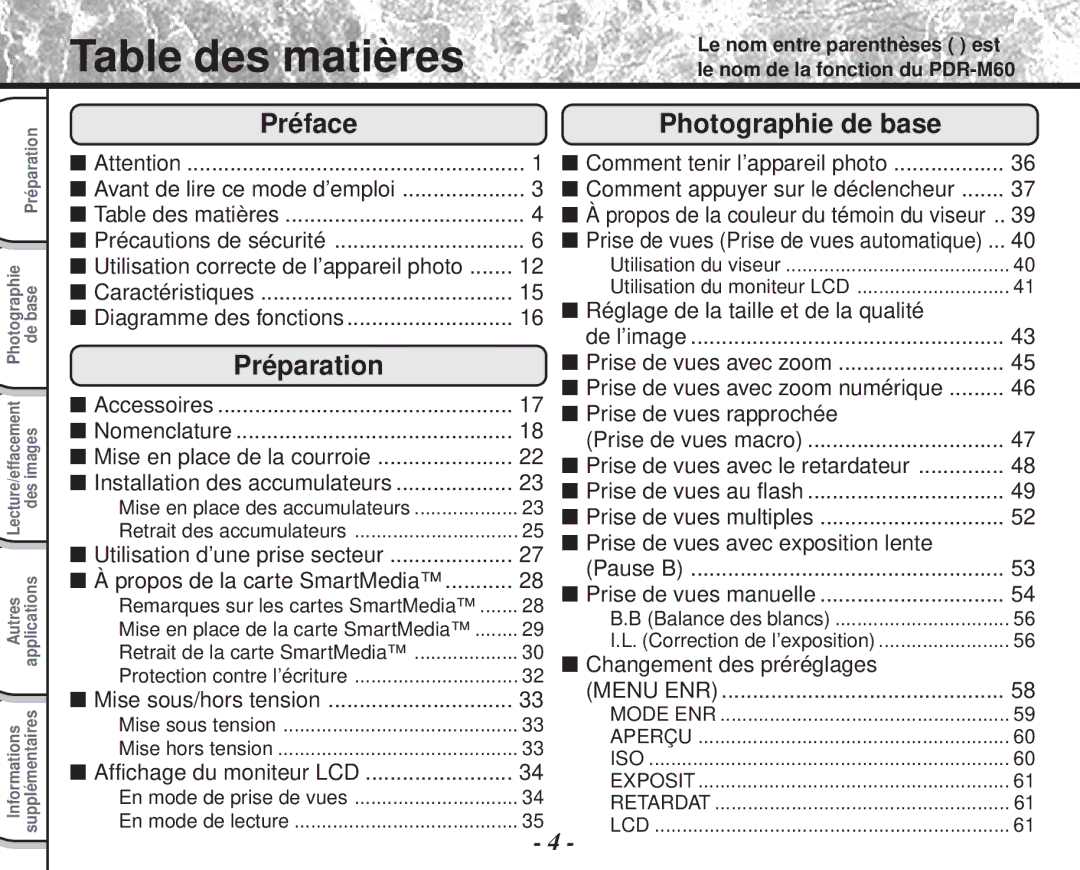 Toshiba PDR-M60 instruction manual Table des matières 