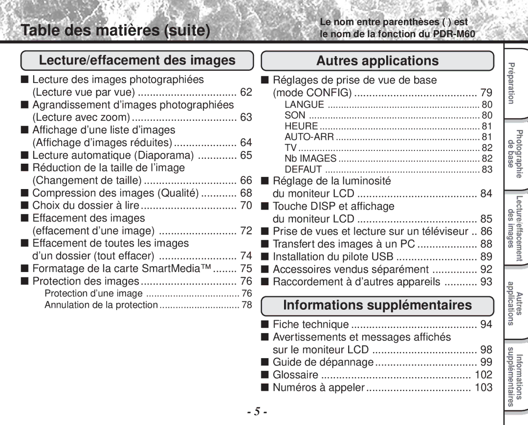 Toshiba PDR-M60 instruction manual Table des matières suite, Lecture/effacement des images Autres applications 