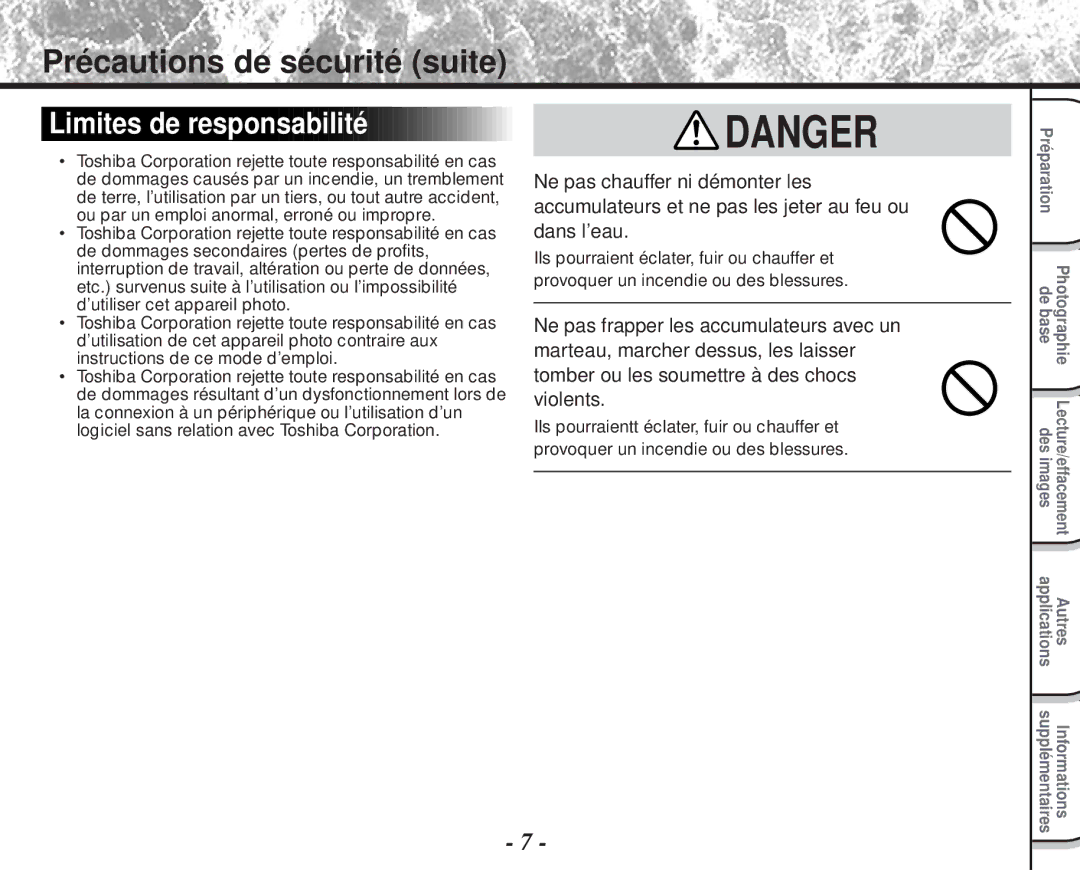 Toshiba PDR-M60 instruction manual Précautions de sécurité suite, Limites de responsabilité 