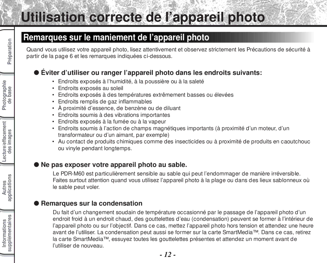 Toshiba PDR-M60 instruction manual Utilisation correcte de l’appareil photo, Remarques sur le maniement de l’appareil photo 