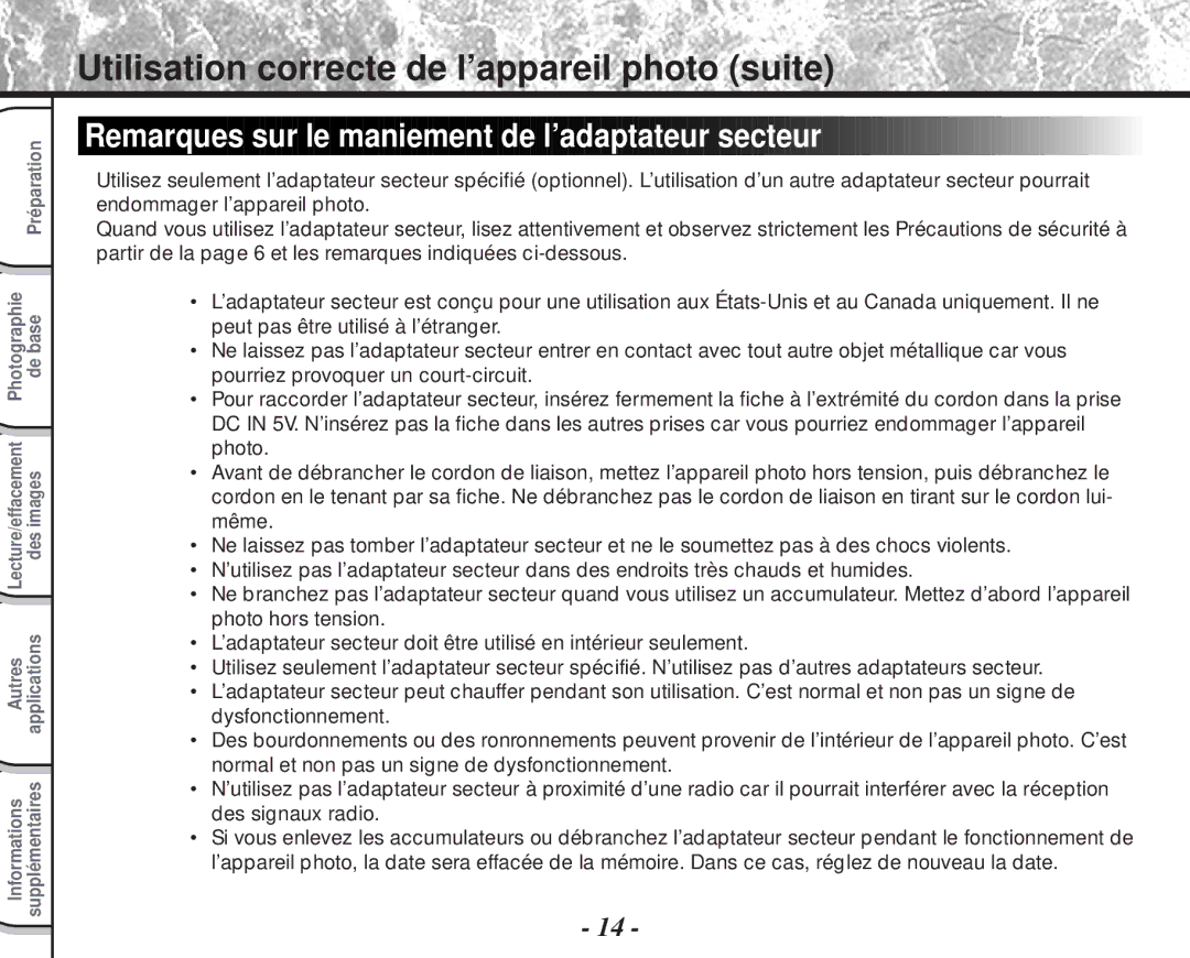 Toshiba PDR-M60 instruction manual Remarques sur le maniement de l’adaptateur secteur 