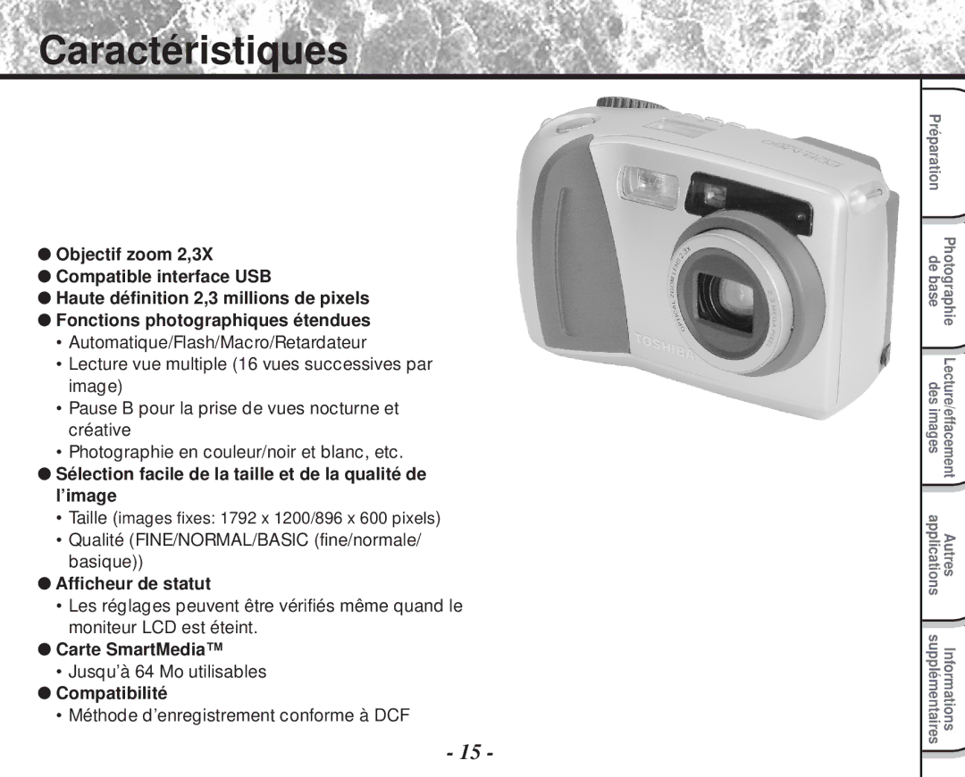 Toshiba PDR-M60 instruction manual Caractéristiques, Taille images fixes 1792 x 1200/896 x 600 pixels 