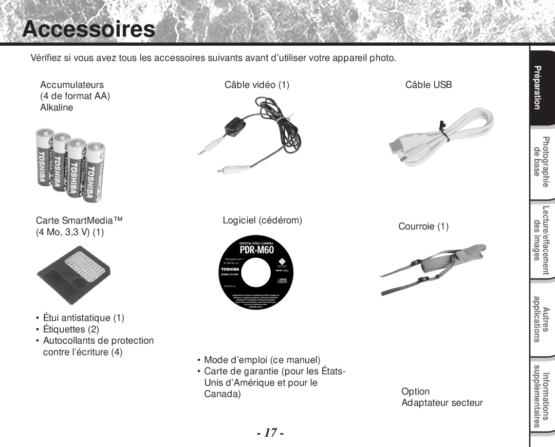 Toshiba PDR-M60 instruction manual Accessoires, De format AA Alkaline Carte SmartMedia Logiciel cédérom, Mo, 3,3 V 