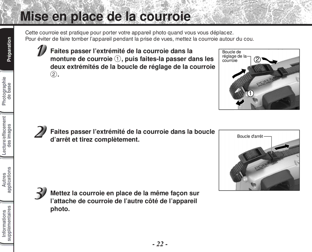 Toshiba PDR-M60 instruction manual Mise en place de la courroie, ’arrêt et tirez complètement 