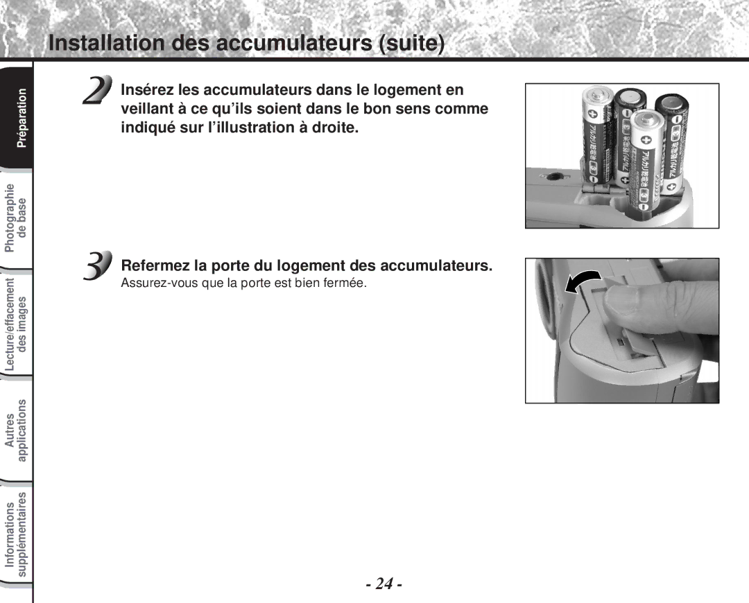 Toshiba PDR-M60 instruction manual Installation des accumulateurs suite, Assurez-vous que la porte est bien fermée 