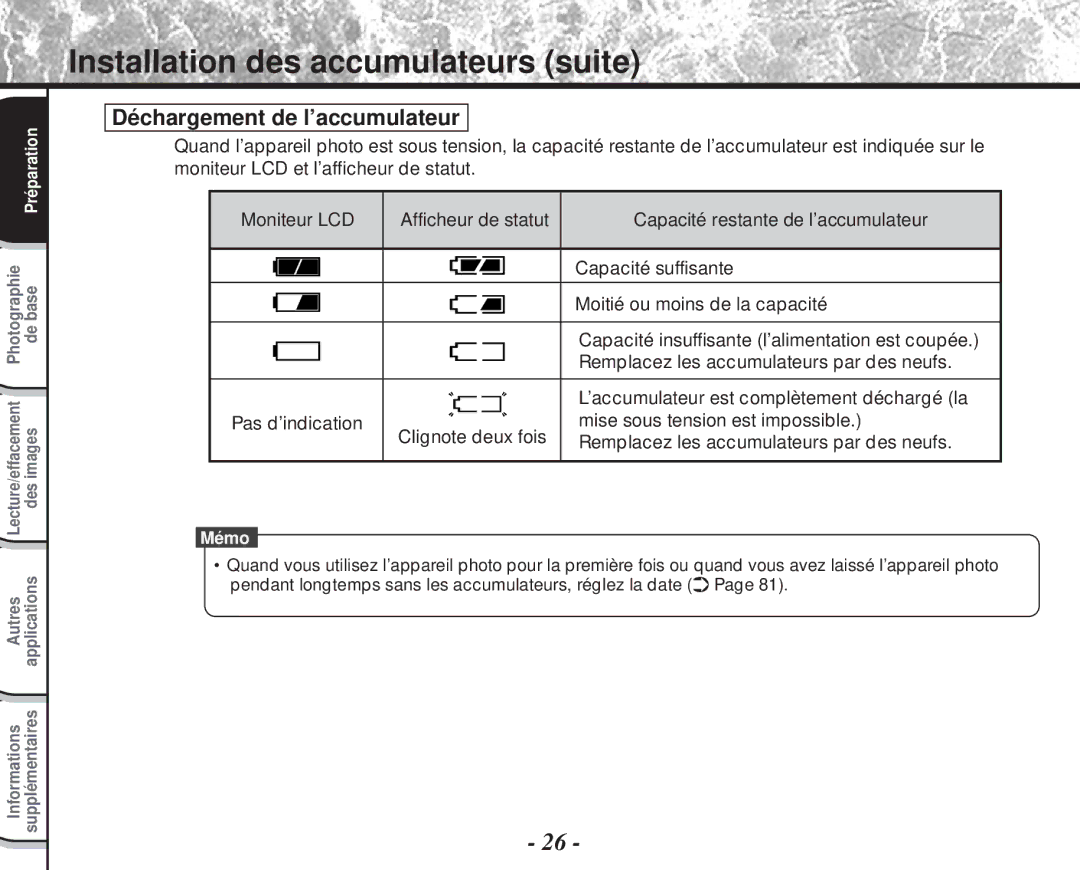 Toshiba PDR-M60 instruction manual Déchargement de l’accumulateur, Remplacez les accumulateurs par des neufs 