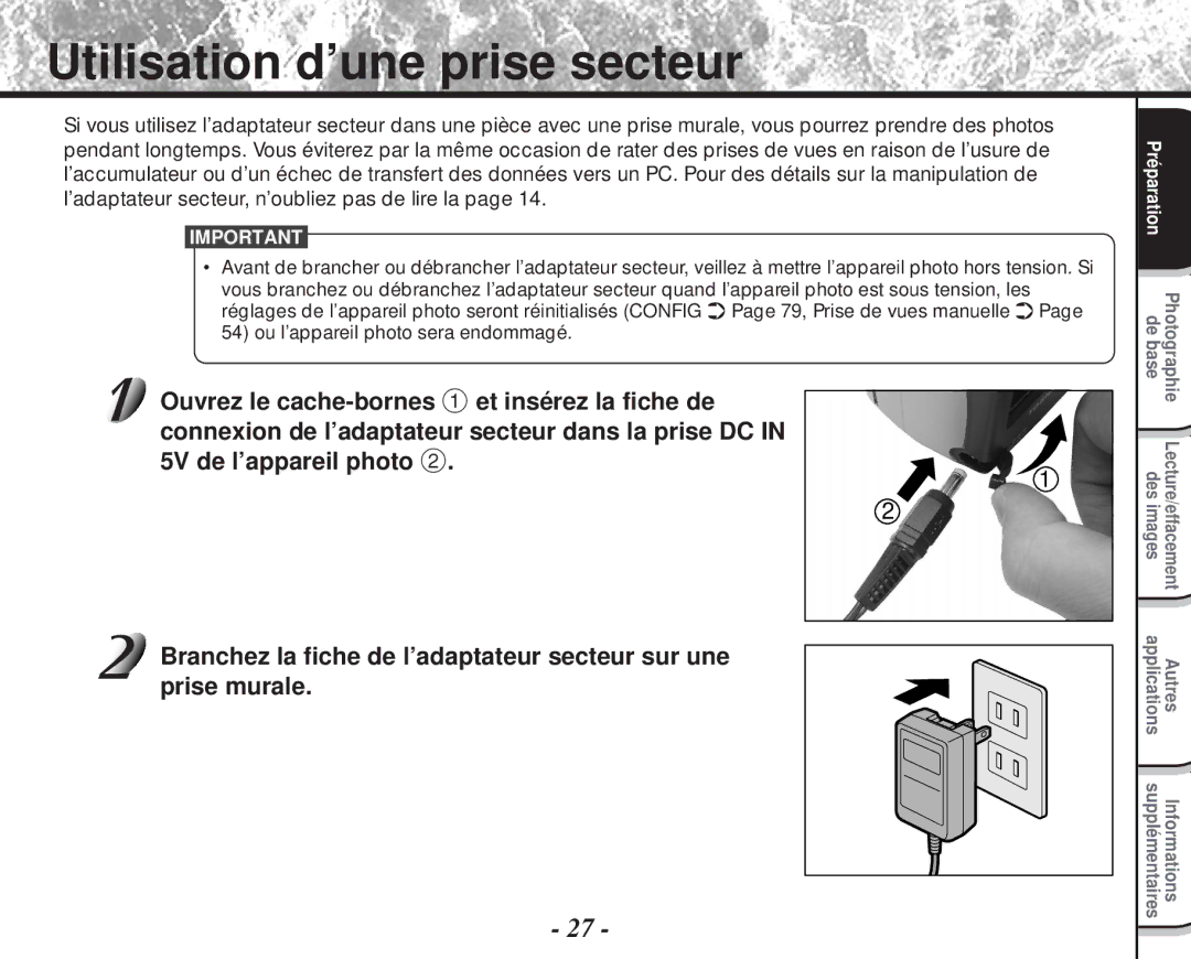 Toshiba PDR-M60 instruction manual Utilisation d’une prise secteur 