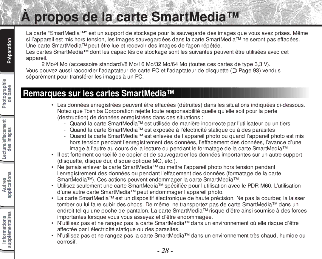 Toshiba PDR-M60 instruction manual Propos de la carte SmartMedia, Remarques sur les cartes SmartMedia 