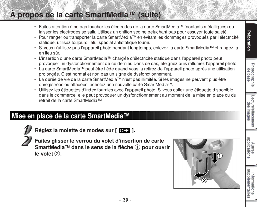 Toshiba PDR-M60 instruction manual Propos de la carte SmartMedia suite, Mise en place de la carte SmartMedia 