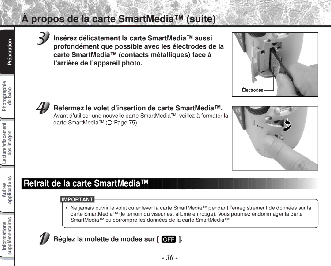 Toshiba PDR-M60 instruction manual Retrait de la carte SmartMedia, Réglez la molette de modes sur 