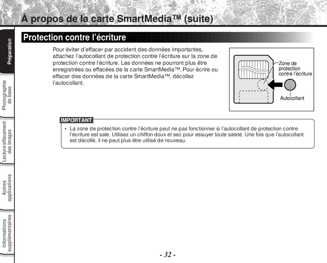 Toshiba PDR-M60 instruction manual Protection contre l’écriture 