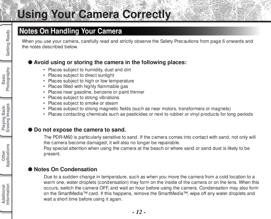 Toshiba PDR-M60 instruction manual Using Your Camera Correctly, Avoid using or storing the camera in the following places 