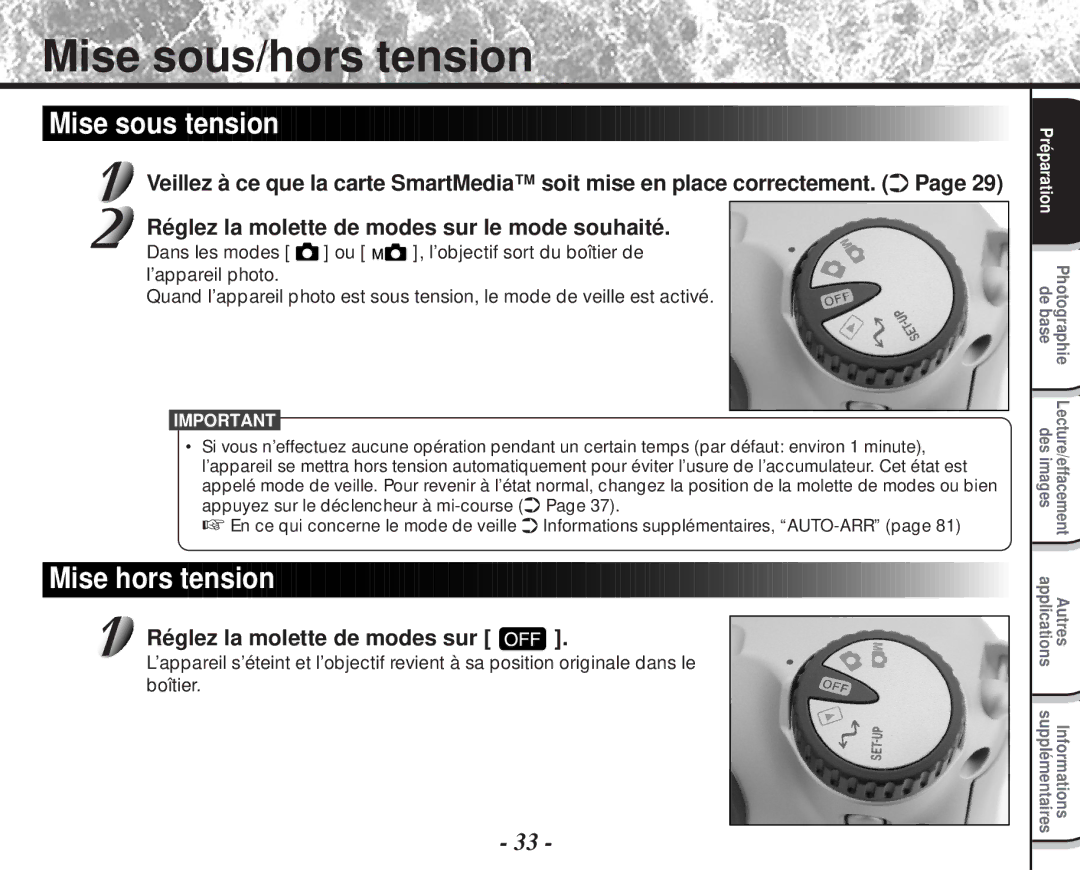 Toshiba PDR-M60 instruction manual Mise sous/hors tension, Mise sous tension, Mise hors tension 