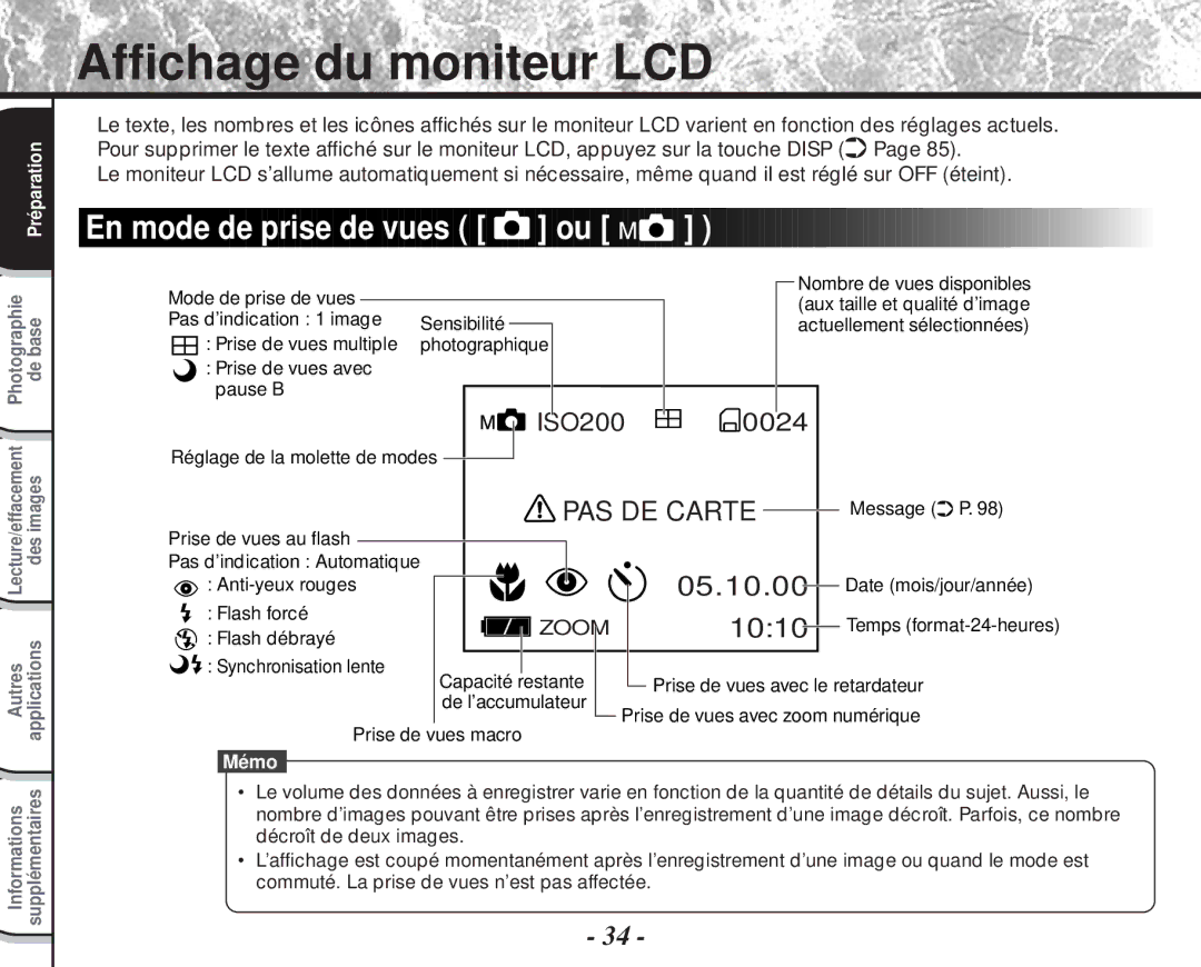 Toshiba PDR-M60 instruction manual Affichage du moniteur LCD, En mode de prise de vues ou 