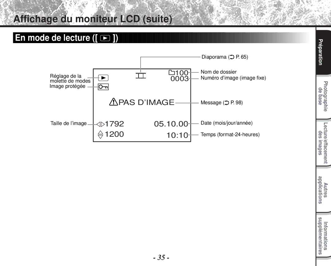 Toshiba PDR-M60 instruction manual Affichage du moniteur LCD suite, En mode de lecture 