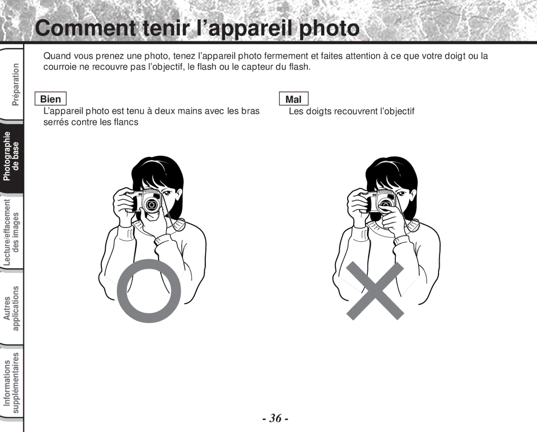 Toshiba PDR-M60 instruction manual Comment tenir l’appareil photo, ’appareil photo est tenu à deux mains avec les bras Les 