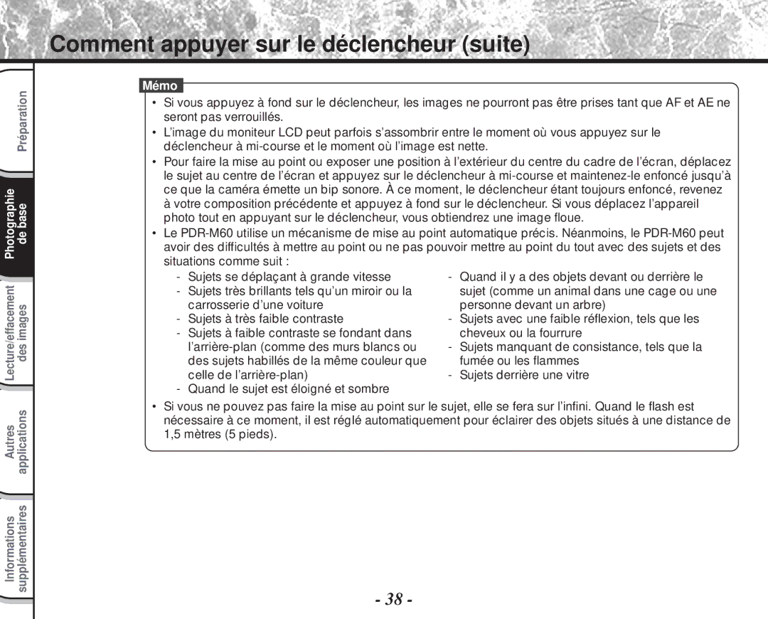 Toshiba PDR-M60 instruction manual Comment appuyer sur le déclencheur suite 