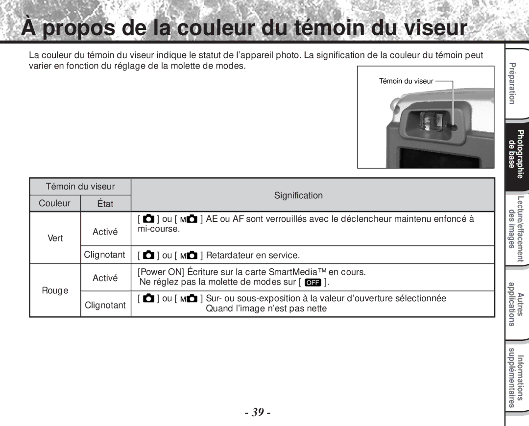 Toshiba PDR-M60 instruction manual Propos de la couleur du témoin du viseur 