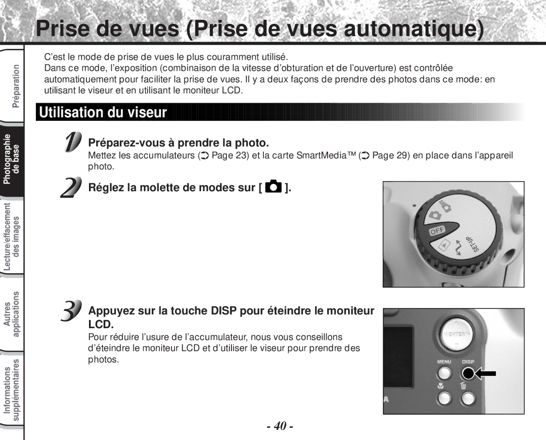 Toshiba PDR-M60 Prise de vues Prise de vues automatique, Utilisation du viseur, Préparez-vous à prendre la photo 