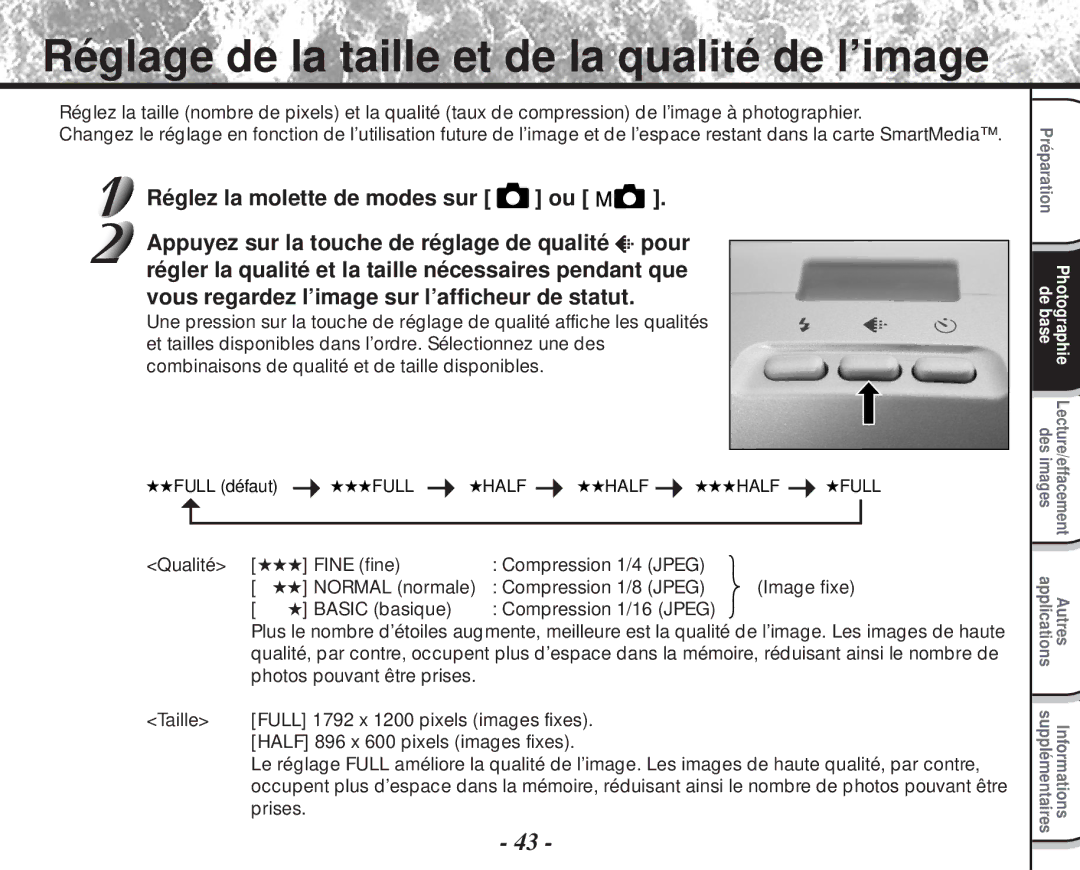 Toshiba PDR-M60 instruction manual Réglage de la taille et de la qualité de l’image 