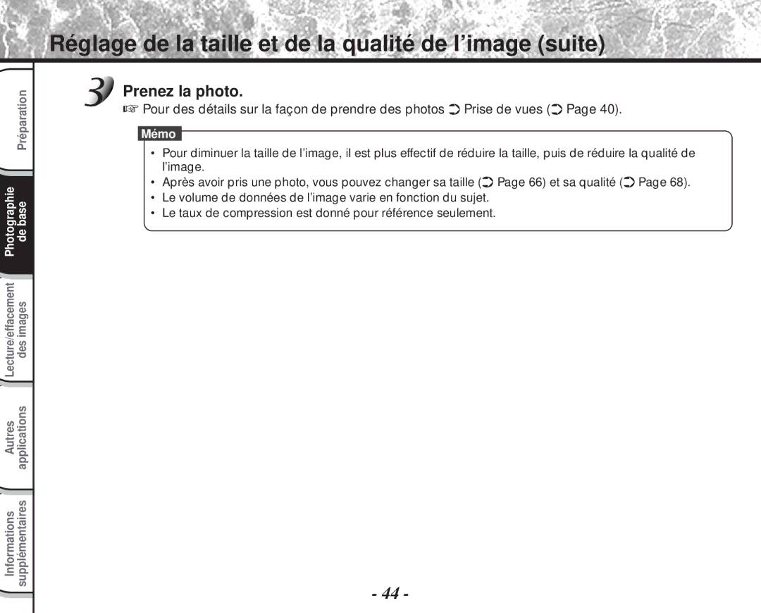 Toshiba PDR-M60 instruction manual Réglage de la taille et de la qualité de l’image suite, Prenez la photo 