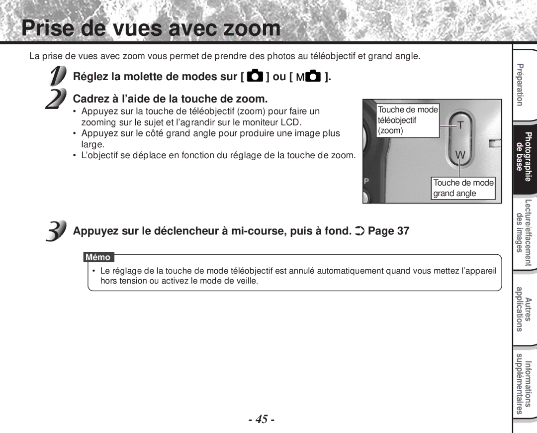 Toshiba PDR-M60 instruction manual Prise de vues avec zoom, Appuyez sur le déclencheur à mi-course, puis à fond 