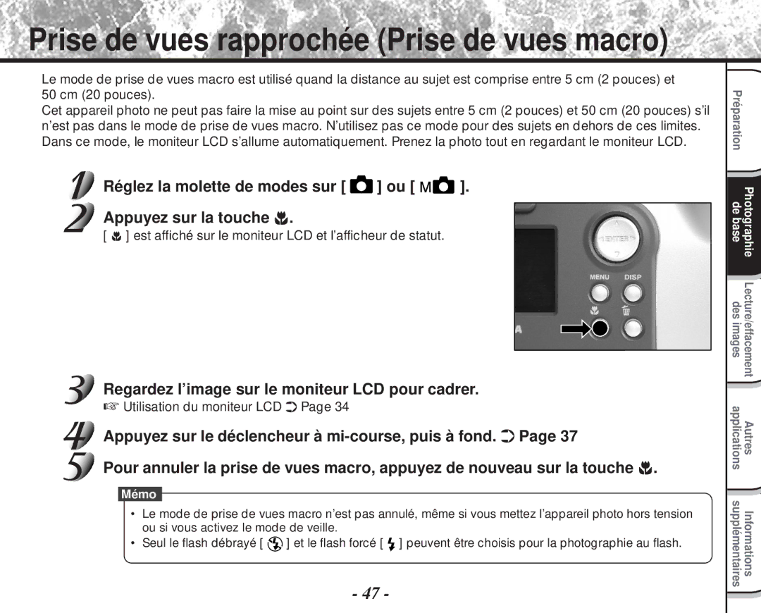 Toshiba PDR-M60 Prise de vues rapprochée Prise de vues macro, Est affiché sur le moniteur LCD et l’afficheur de statut 