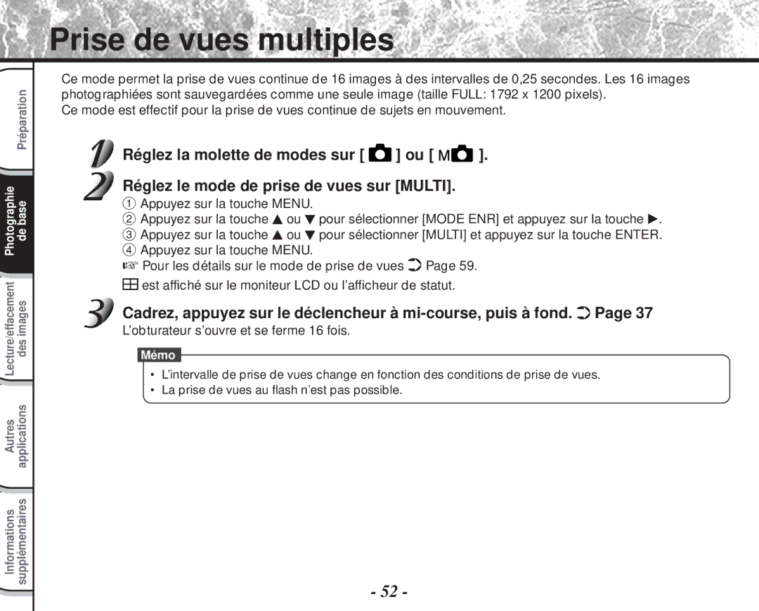 Toshiba PDR-M60 instruction manual Prise de vues multiples, ’obturateur s’ouvre et se ferme 16 fois 