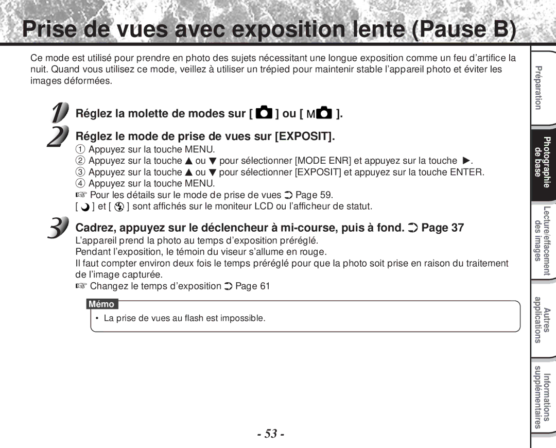 Toshiba PDR-M60 instruction manual Prise de vues avec exposition lente Pause B, La prise de vues au flash est impossible 