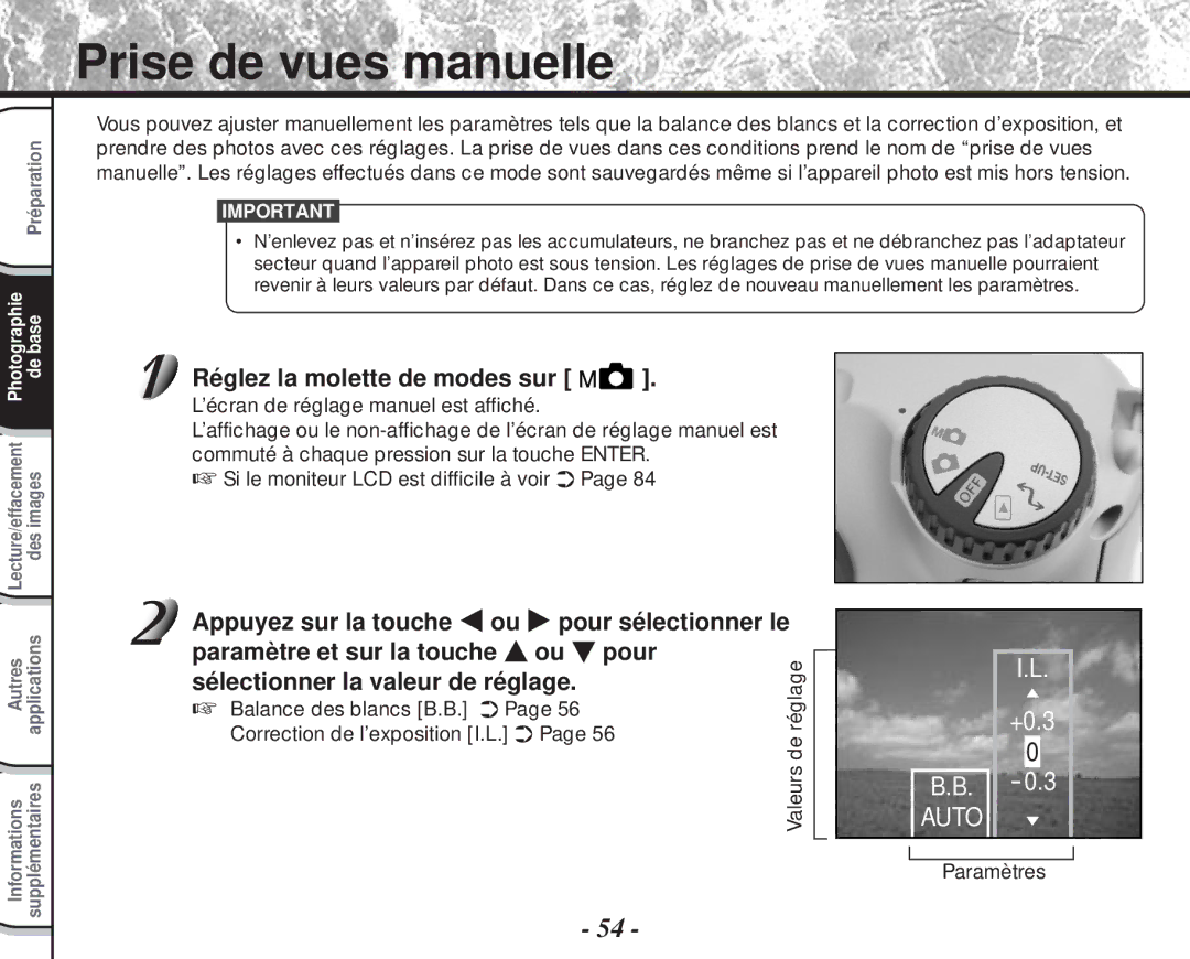 Toshiba PDR-M60 Prise de vues manuelle, ’écran de réglage manuel est affiché, Si le moniteur LCD est difficile à voir 