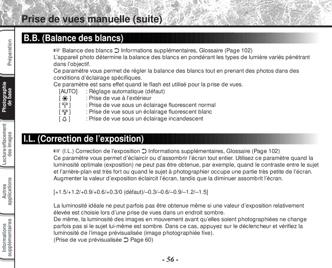 Toshiba PDR-M60 instruction manual Balance des blancs, Correction de l’exposition 