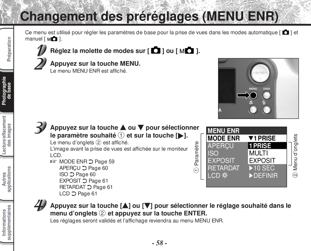 Toshiba PDR-M60 instruction manual Changement des préréglages Menu ENR, Menu ENR Mode ENR Prise 