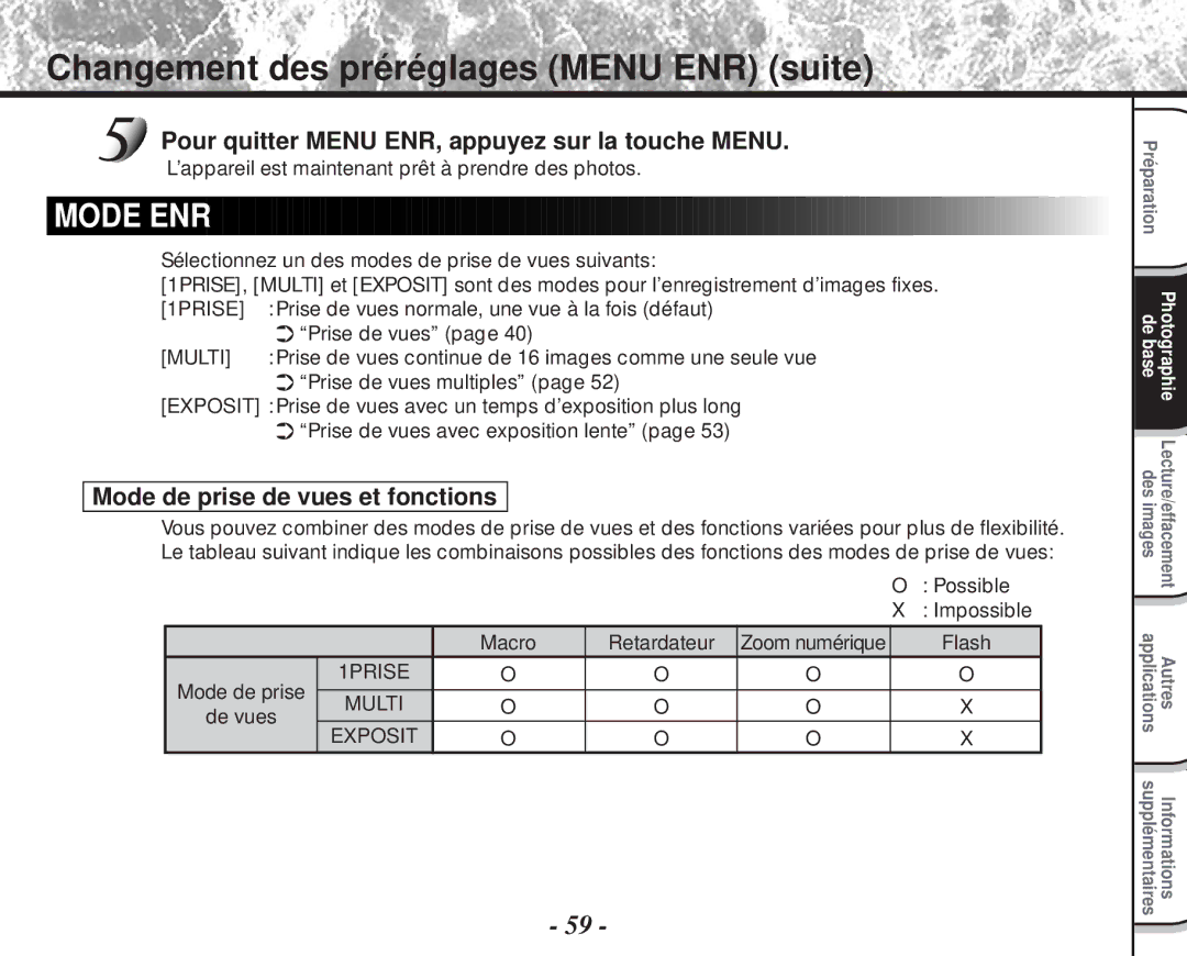 Toshiba PDR-M60 Changement des préréglages Menu ENR suite, Pour quitter Menu ENR, appuyez sur la touche Menu 