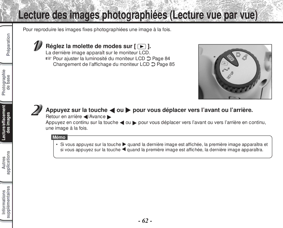 Toshiba PDR-M60 Lecture des images photographiées Lecture vue par vue, La dernière image apparaît sur le moniteur LCD 