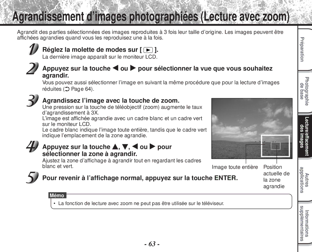 Toshiba PDR-M60 Agrandissement d’images photographiées Lecture avec zoom, Agrandissez l’image avec la touche de zoom 