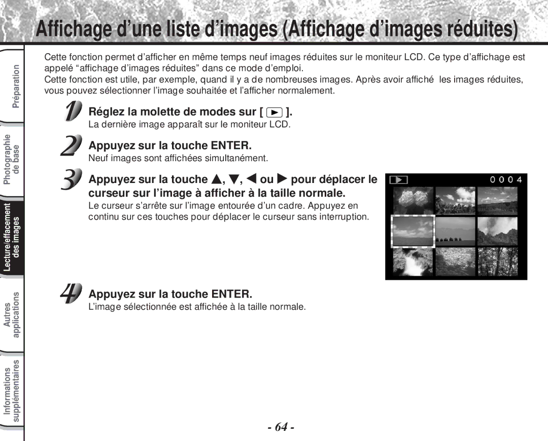 Toshiba PDR-M60 Neuf images sont affichées simultanément, ’image sélectionnée est affichée à la taille normale 