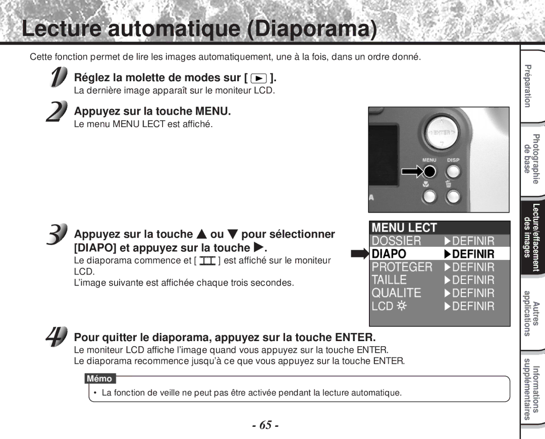 Toshiba PDR-M60 Lecture automatique Diaporama, Menu Lect, Pour quitter le diaporama, appuyez sur la touche Enter 