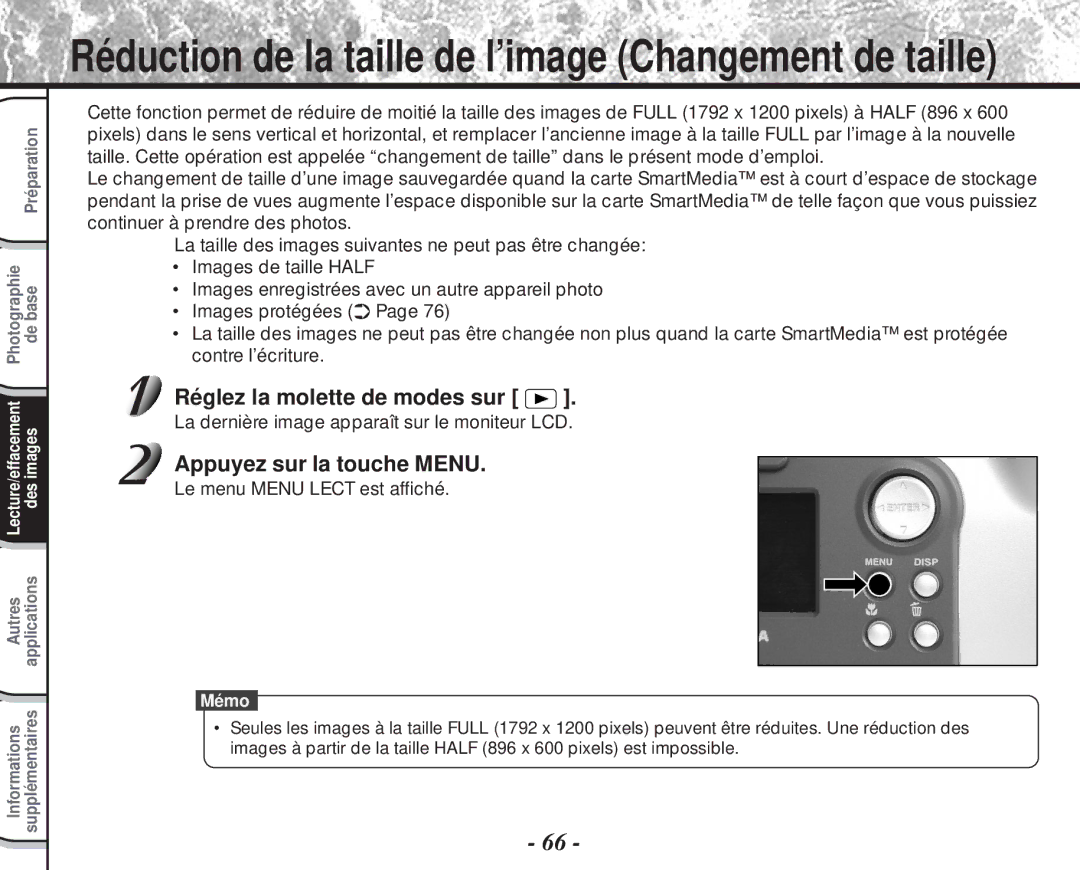 Toshiba PDR-M60 instruction manual Réduction de la taille de l’image Changement de taille 