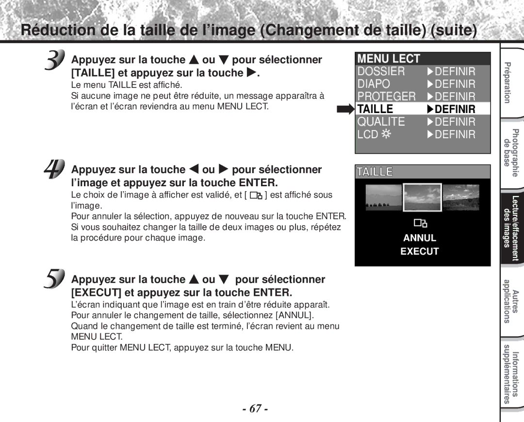 Toshiba PDR-M60 instruction manual Le menu Taille est affiché, Pour quitter Menu LECT, appuyez sur la touche Menu 